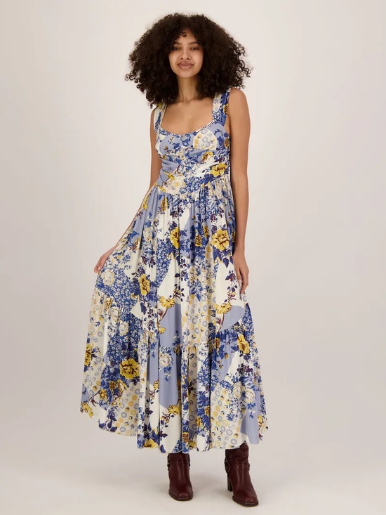 Free People Dresses & Skirts - Free People Blue & Yellow Floral Tiered Maxi Dress